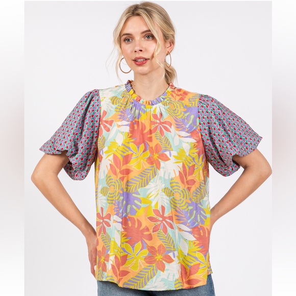 Contrast Floral Print Woven Blouse Top - Picture 4 of 6